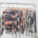 Real Shooting New Long-Sleeved Mesh Spliced Embroidered Denim Bottom T-Shirt Sun Folding Short Top