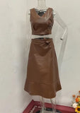 Fongt Summer 2024 Fashion Leather Sleeveless Crop Top High-Waisted Skirt Suit-Outfit