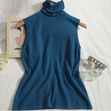 sweater vest autumn spring simple solid knitted turtleneck tank top women cozy pullover-Outfit