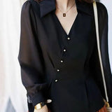 Style Irregular V-Neck Blouse Female Clothing Commute Asymmetrical Single-breasted Spring Autumn Chic Folds Waist Shirt-Outfit