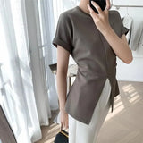 Split Flying Sleeves T Shirts Cotton Loose Elegant Office Lady Solid Women Sexy Tops Korean Fashion Summer Large