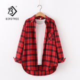 Colors Autumn New Women Vintage Oversized Plaid Shirt Cotton Batwing Sleeve Loose Red Blouse Office Lady Casual Tops