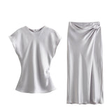 Spring Satin Texture Blouse 2451305 Knot Flute Skirt 2448305-Outfit