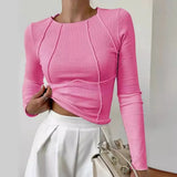 Fongt Shein New Spring Autumn New Sweet Spicy Solid Color Line Long-Sleeved Collar T-Shirt Girl