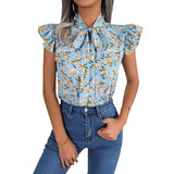 Fongt Shooting Spring And Summer Leisure Flowers And Wood Ears With Bow Chiffon Shirt Women's Clothing