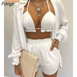 Women's Summer Suit Printed Lantern Sleeve Shirt Shorts 3pc Set Swimsui Women Bikini Set Women's Suit Women's