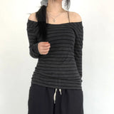 Fongt Stripe Color Long-Sleeved T-Shirt Women's Shoulder Foundation Versatile Slim Thin Bottom Top-Outfit