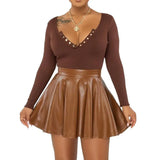 Fongt Women's 2024 Sexy Solid Color PU Skirt Women's Skirt Mini Skirt Skirt-Outfit