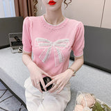 Style Beading Bowknot T Shirts Women's O Neck Short Sleeve Knitted Sweet Tee Tshirt Summer Slim Thin Top-Outfit