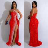 Fashion Women's Solid Color Hot Diamond Sequins Sleeveless Long Skirt Dress-Outfit