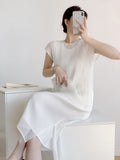Fongt Folded Temperament Net Folding Set Thin Temperament Blouse Short-Sleeved Skirt Large Size Women's Clothing