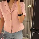 Notched Collar Tweed Jackets Exquisite Single-breasted Chaqueta Mujer Short-sleeved Jaquetas Summer Spring Coats-Outfit