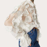 Fongt 2024 New Fashion Lapel Heavy Industry Organza Embroidery Three-Dimensional Flower Sequin Splice Design Sense Shirt-Outfit