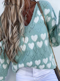 Autumn Winter Heart Sweaters Women V Neck Long Sleeve Soft Warm Pullovers Oversize Hollow Out Comfortable Top 2021