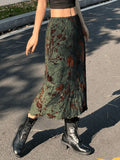 Mesh Lining Vintage Floral Midi Skirt-Outfit