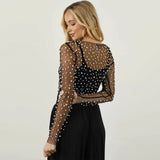 Fongt Spring And Summer Explosion Of Women's Clothing Bubble Beads Perspective Mesh Long-Sleeved Top