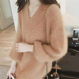 All-match Midi Elegant Solid Color Sweaters 2023 Autumn Winter Korean Loose Long Sleeve V-Neck Jumpers Women's Clothing-Outfit