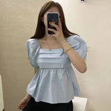 Korean 2023 New Shoulder Bubble Sleeve Short-Sleeved Shirt-Outfit