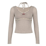 Aesthetic Halter Neck Bow Long Sleeve Tee-Outfit