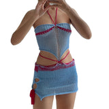 Fongt Summer New Color Hanging Neck Strap Broth Knitting Sexy Bag Hip Skirt Knitted Suit Woman