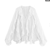Fongt New Women's Fashion Cascade Decoration Fashion Chiffon V-Neck Long-Sleeved Shirt