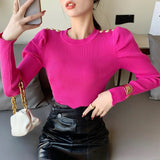Puff Long Sleeve Knitted Sweater Pullovers Girls Solid Buttons O-neck Streetwear Winter Sweaters Tops Jumpers Women-Outfit