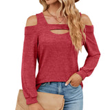 2023 New U Collar Off-Shoulder Splice Long Sleeve Loose T-Shirt Top Women-Outfit