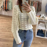 Women Hollow Out See Through Knitted Top Sexy Loose Lantern Sleeve Solid Sweater Casaul Femme Streetwear Pullover
