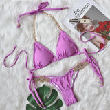 Fongt New Luxury Rhinestone Bikini Solid Color Sexy Strap On Swimsuit Vacation