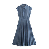 New Spring Watermark Orchid Waist Sleeveless Dress With Pleats-Outfit