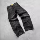 Ancient Bat Pattern Embroidered Loose Jeans Men's Street Y2K Pants Lazy Jeans-Outfit