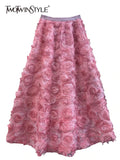 TWOTWINSTYLE Elegant Long Skirts For Female High Waist Patchwork Florals Pink Mesh Midi Korean Style Women's Skirt 2022