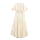 Fongt Summer 2025 New Women's Clothing Fashion Plus-Size Temperament French Style V Collar Lace Folded Skirt Girl