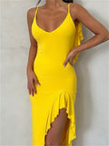 Women Spaghetti Strap Backless Ruffles Long Dress Sexy Slim Fit V Neck Sleeveless Strap Ruched Beach Dresses Vestidos-Outfit