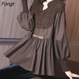 Autumn V-neck Loose Korean Women Clothing Casual Elegant Ruffle Solid Long Sleeve Office Lady Knitted Patchwork Tunic