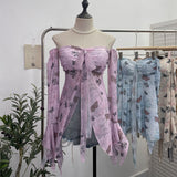 Horn Long Sleeve Bra Strap Bow With Chest Cushion Net Yarn Irregular Open Fork Tat