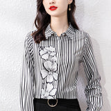 Satin Women's Shirt Chiffon Blouses Women Striped Printed Long Sleeve Ladies Tops Polo Neck Button Up Female Basic