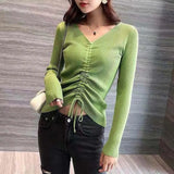 Sping V-neck Shirt Korean Long Sleeve Drawstring Knit Sweater