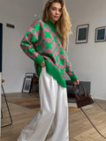 Oversize Women Sweater Pullover Half Collar Knitted Check Autumn Female Jumper Sweaters 2022 Geometric Long Sleeve