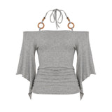 Fongt Shoulder Design Beads With Hanging Neck Horn Sleeve Tops The Folding Tight Waist Thin Knitting Temperament Top
