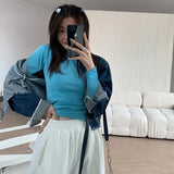 T-Shirt Women's Shoulder European 2023 New Thin Round Neck Cotton Folded Long-Sleeved Bottomed Blouse-Outfit
