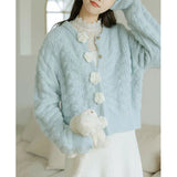 Blue Knitted Rose Buttoned Cardigan-Outfit