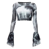 Summer New 2024 Mesh Printing Round Collar Horn Long Sleeve Perspective Exposed Umbilical Casual Women's