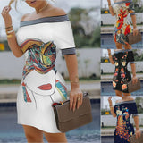Shoulder Digital Printing Slim Sexy Pencil Skirt-Outfit