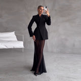 Fongt Women's New Splicing Show Body Temperament Fashion Black Sleeve Long-Sleeved Dress