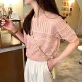 Fongt T-Shirt Girl Summer New Hollow Hook Design Temperament Round-Neck Short-Sleeved Top In The Wind