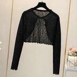 Summer Thin Sweater Shirts Lady Full Sleeve Laced Knitted Cardigan Outwear for Woman-Outfit