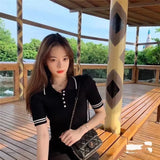 POLO Collar Blue Mini Dress Women Casual Sheath Button Short Sleeve Solid Knitted Dresses Lady Outfit 2021