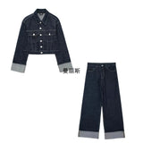 Fongt 2025 New Women's Roll-Sleeve Denim Jacket Straight Trousers