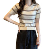 Fongt Striped Short-Sleeved Knitted Shirt 2024 Summer New Design Sense Small Loose Short Top In
